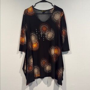 Valentina Black and Orange Asymmetrical Tunic with 3/4 Sleeves - Size Large